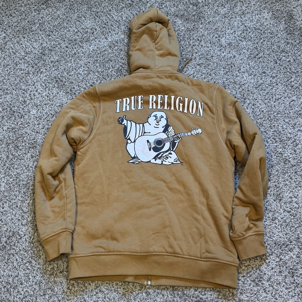 True Religion Mens Buddha Sherpa Full Zip Hoodie Dijohn Tan Sz Medium New - Picture 5 of 6